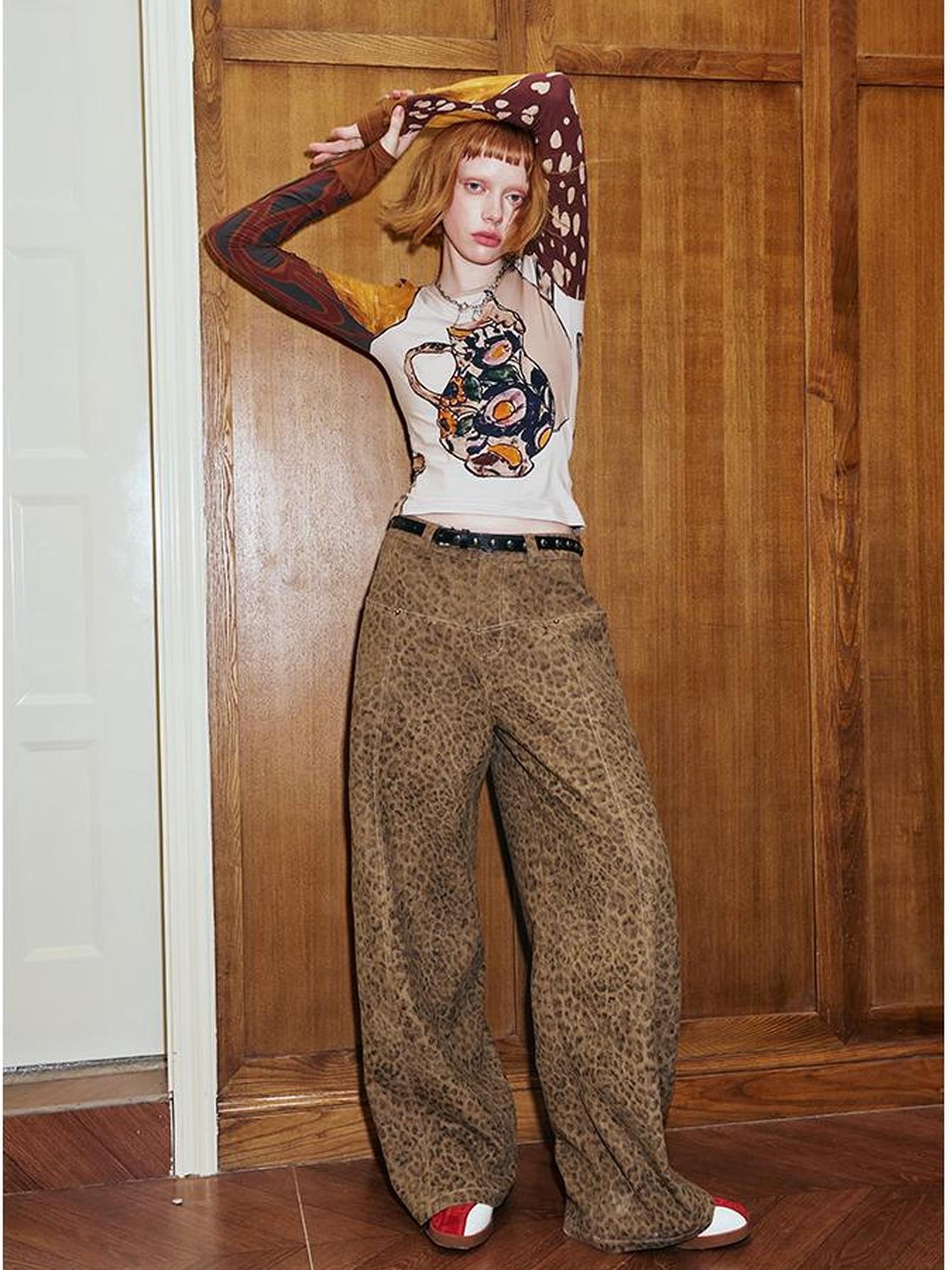 DIDDI MODA Retro Leopard Flare Pants With Split Detail
