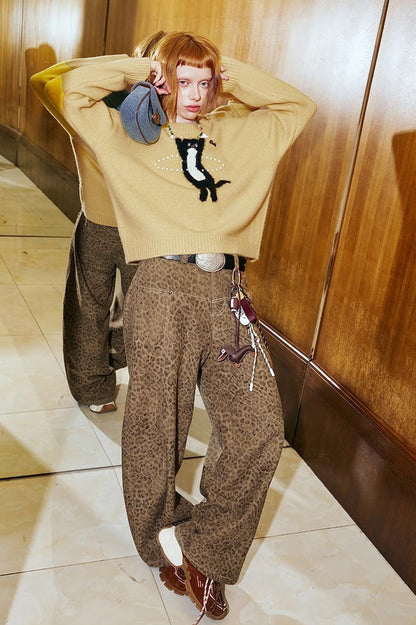 DIDDI MODA Retro Leopard Flare Pants With Split Detail