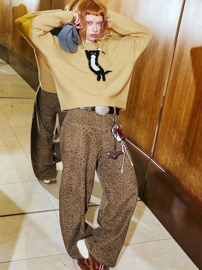 Retro Leopard Flare Pants With Split Detail