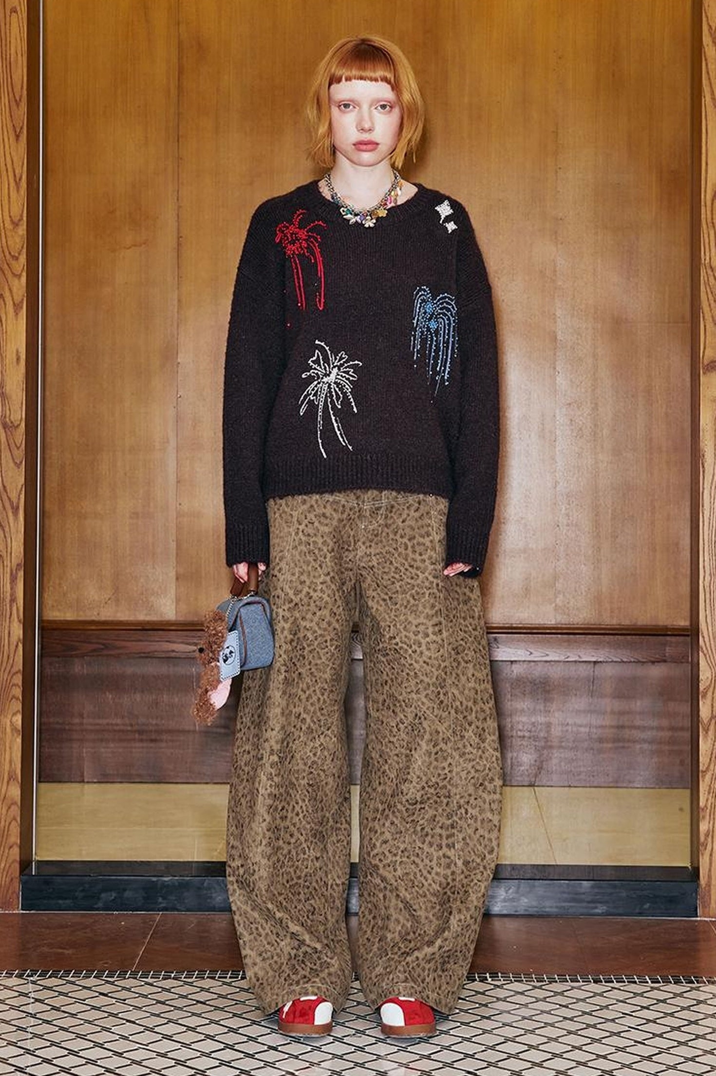 DIDDI MODA Retro Leopard Flare Pants With Split Detail