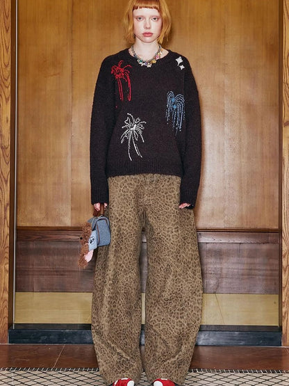 Retro Leopard Flare Pants With Split Detail