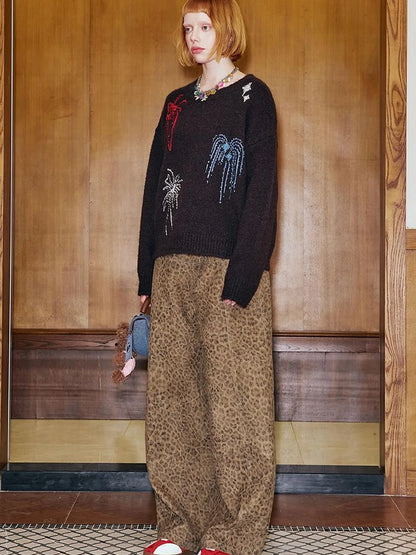 Retro Leopard Flare Pants With Split Detail