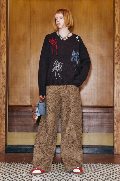 DIDDI MODA Retro Leopard Flare Pants With Split Detail