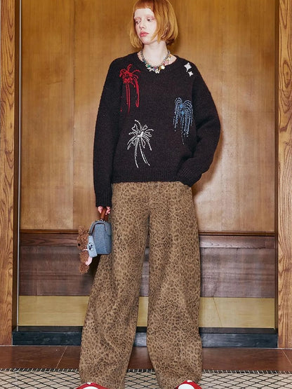 Retro Leopard Flare Pants With Split Detail