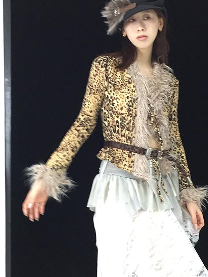 Retro Leopard Print Knit Stretchy Tie-Up Top Jacket