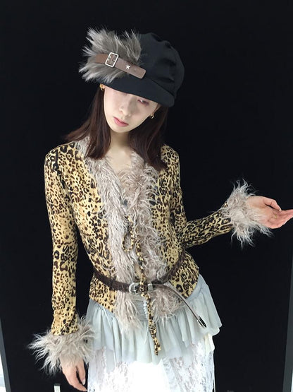 Retro Leopard Print Knit Stretchy Tie-Up Top Jacket