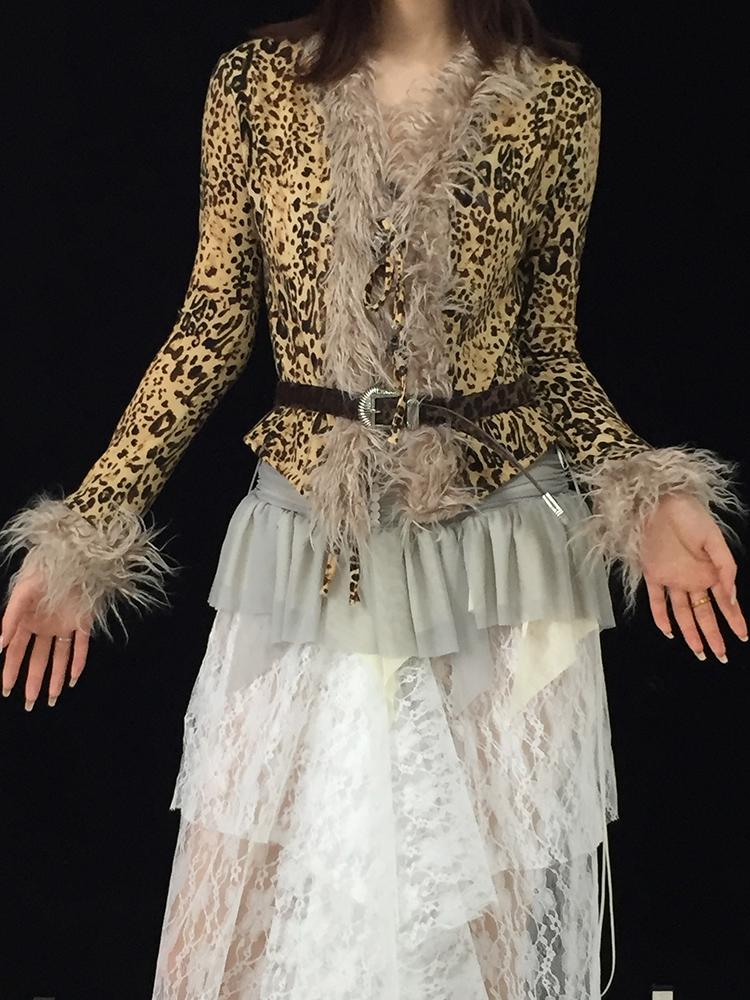 Retro Leopard Print Knit Stretchy Tie-Up Top Jacket