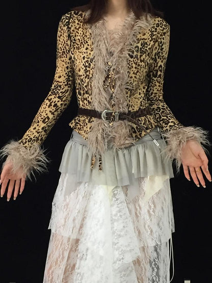 Retro Leopard Print Knit Stretchy Tie-Up Top Jacket