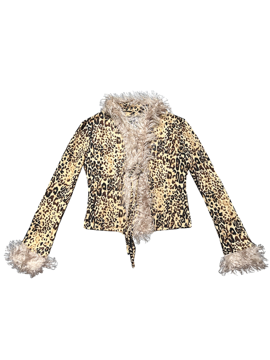 Retro Leopard Print Knit Stretchy Tie-Up Top Jacket