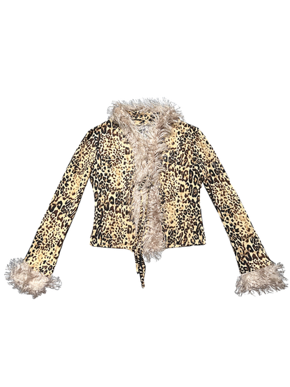 Retro Leopard Print Knit Stretchy Tie-Up Top Jacket
