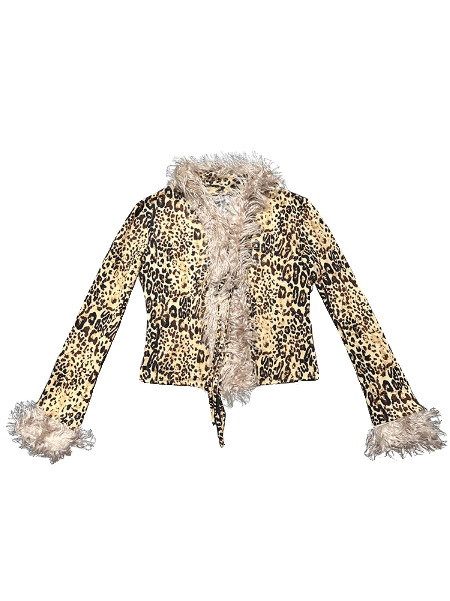 Retro Leopard Print Knit Stretchy Tie-Up Top Jacket