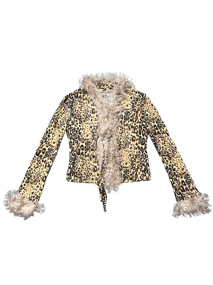Retro Leopard Print Knit Stretchy Tie-Up Top Jacket