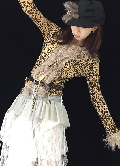 Retro Leopard Print Knit Stretchy Tie-Up Top Jacket