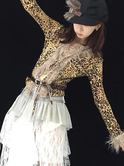 Retro Leopard Print Knit Stretchy Tie-Up Top Jacket