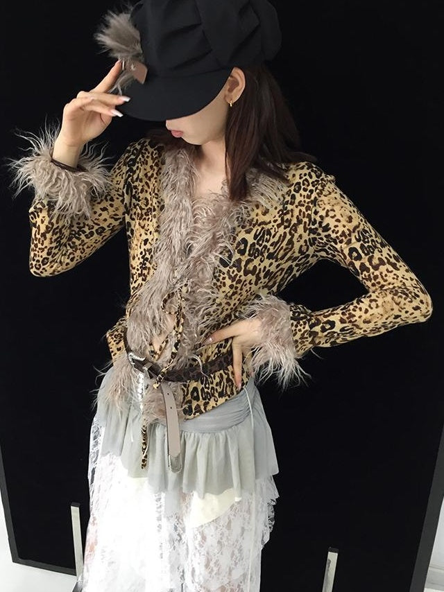 Retro Leopard Print Knit Stretchy Tie-Up Top Jacket