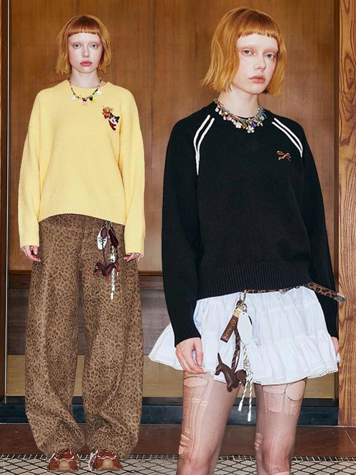 Retro Leopard Print Wide Leg Pants Bow Sweater Set