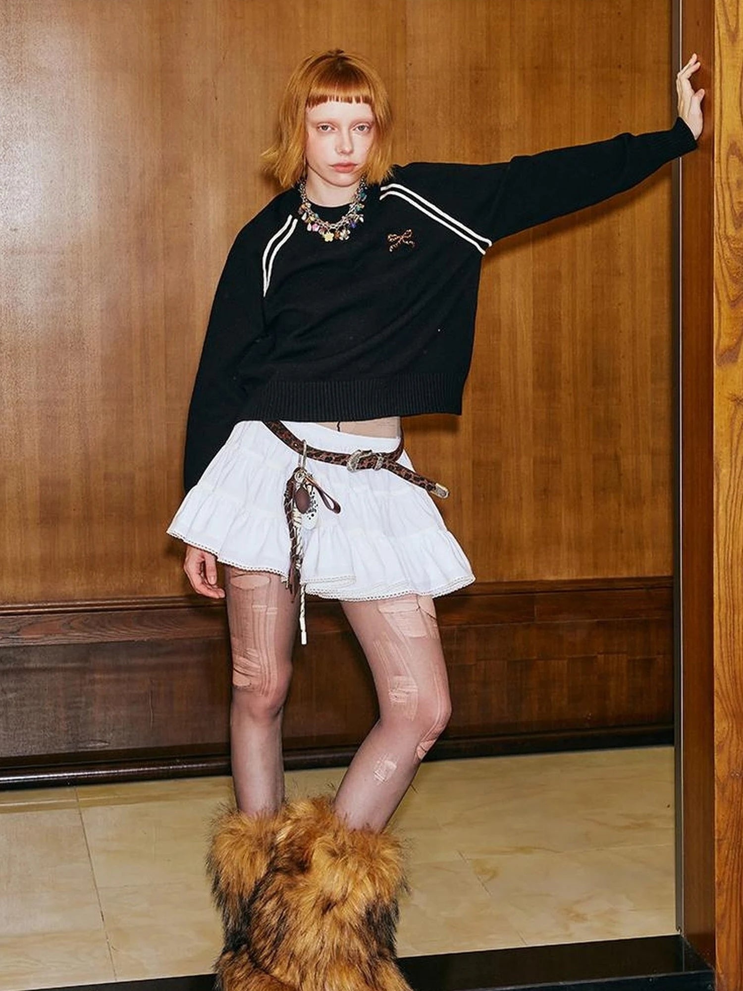 Retro Leopard Print Wide Leg Pants Bow Sweater Set