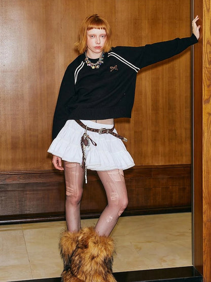 Retro Leopard Print Wide Leg Pants Bow Sweater Set