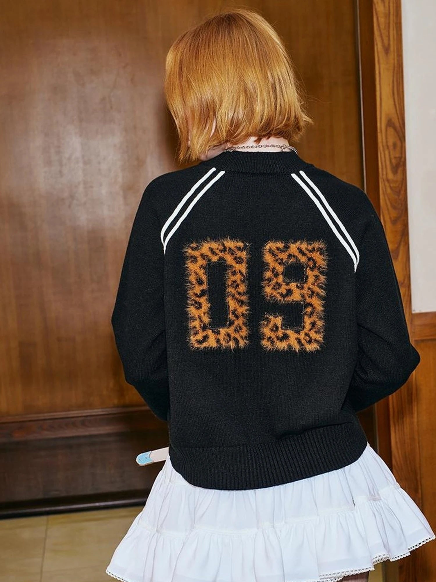 Retro Leopard Print Wide Leg Pants Bow Sweater Set