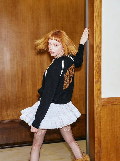 Retro Leopard Print Wide Leg Pants Bow Sweater Set