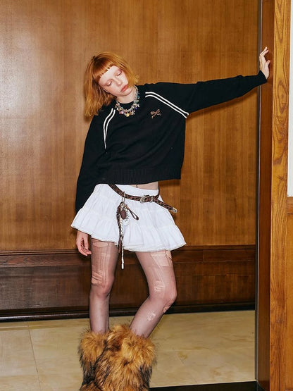 Retro Leopard Print Wide Leg Pants Bow Sweater Set