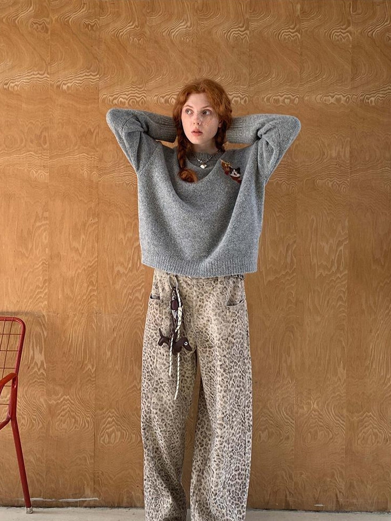 DIDDI MODA Retro Leopard Print Wide Leg Pants Bow Sweater Set