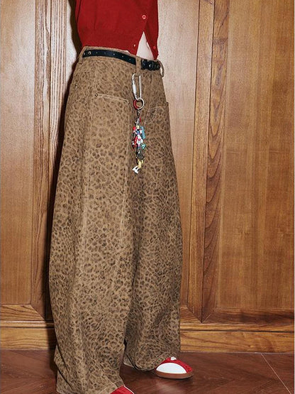 Retro Leopard Print Wide Leg Pants Bow Sweater Set