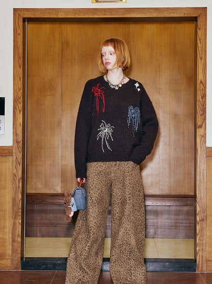 DIDDI MODA Retro Leopard Print Wide Leg Pants Bow Sweater Set