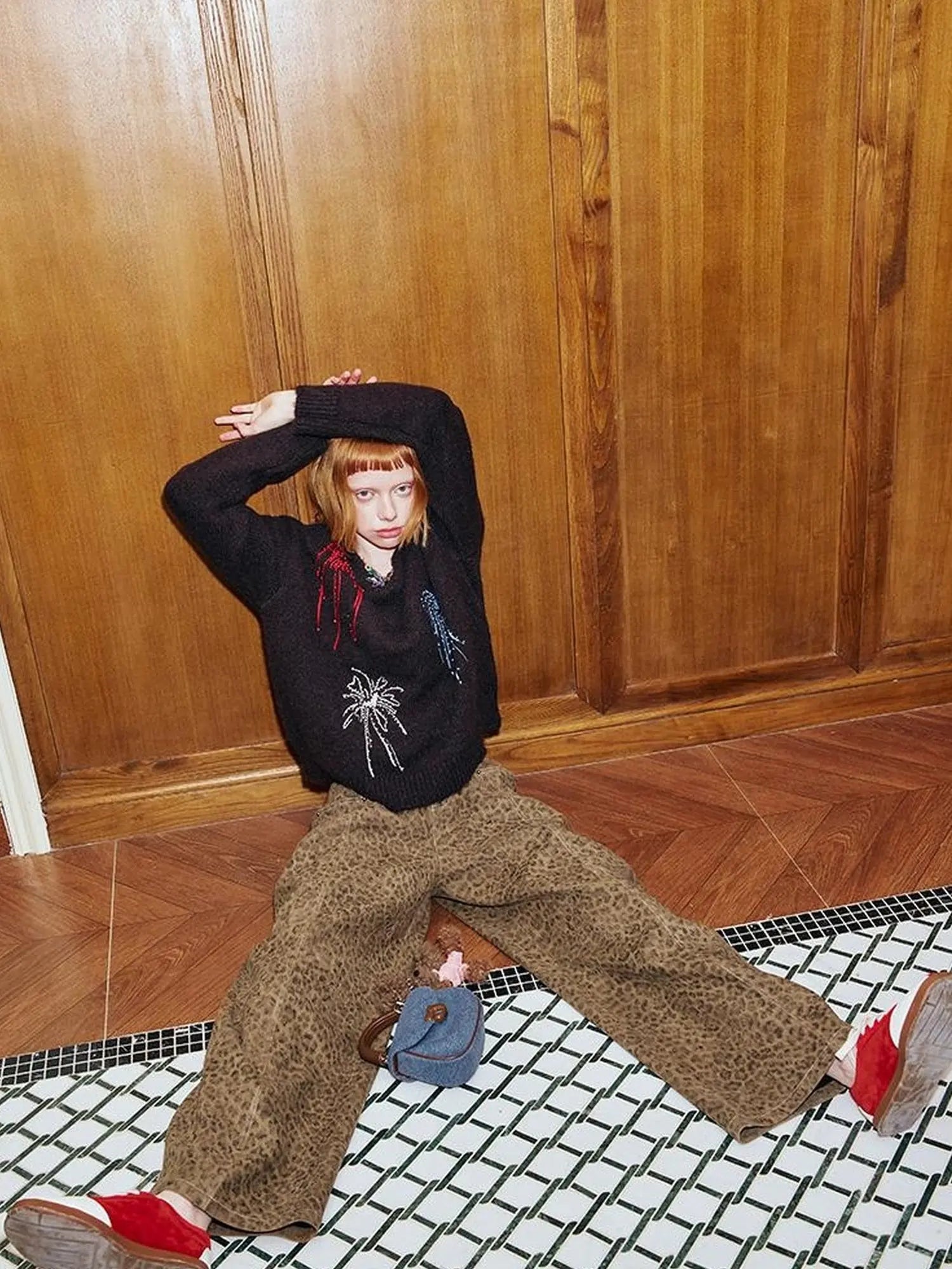 Retro Leopard Print Wide Leg Pants Bow Sweater Set