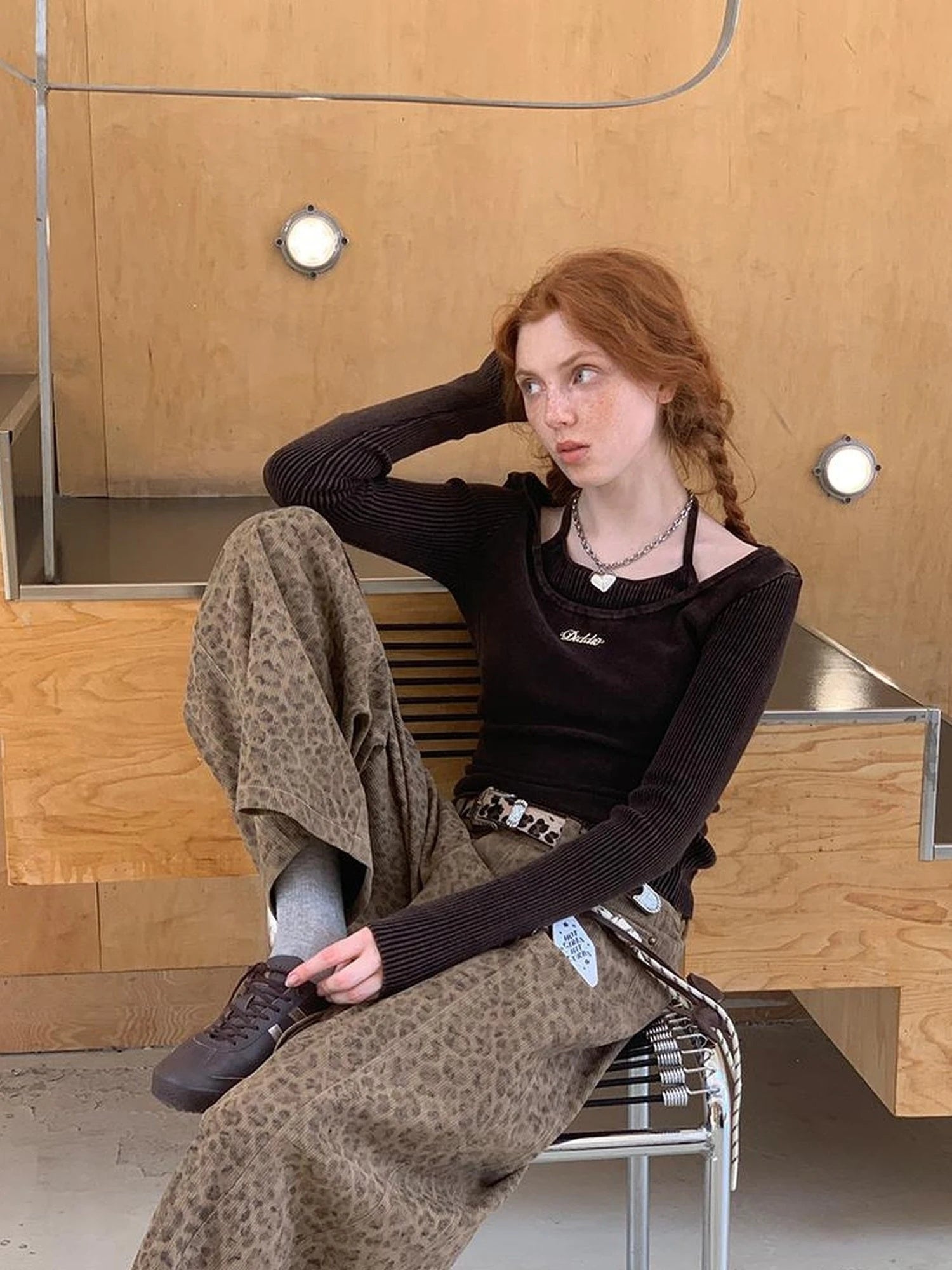 Retro Leopard Print Wide Leg Pants Bow Sweater Set