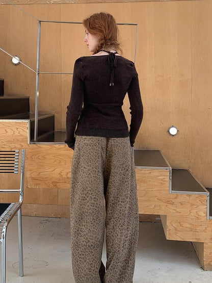 DIDDI MODA Retro Leopard Print Wide Leg Pants Bow Sweater Set