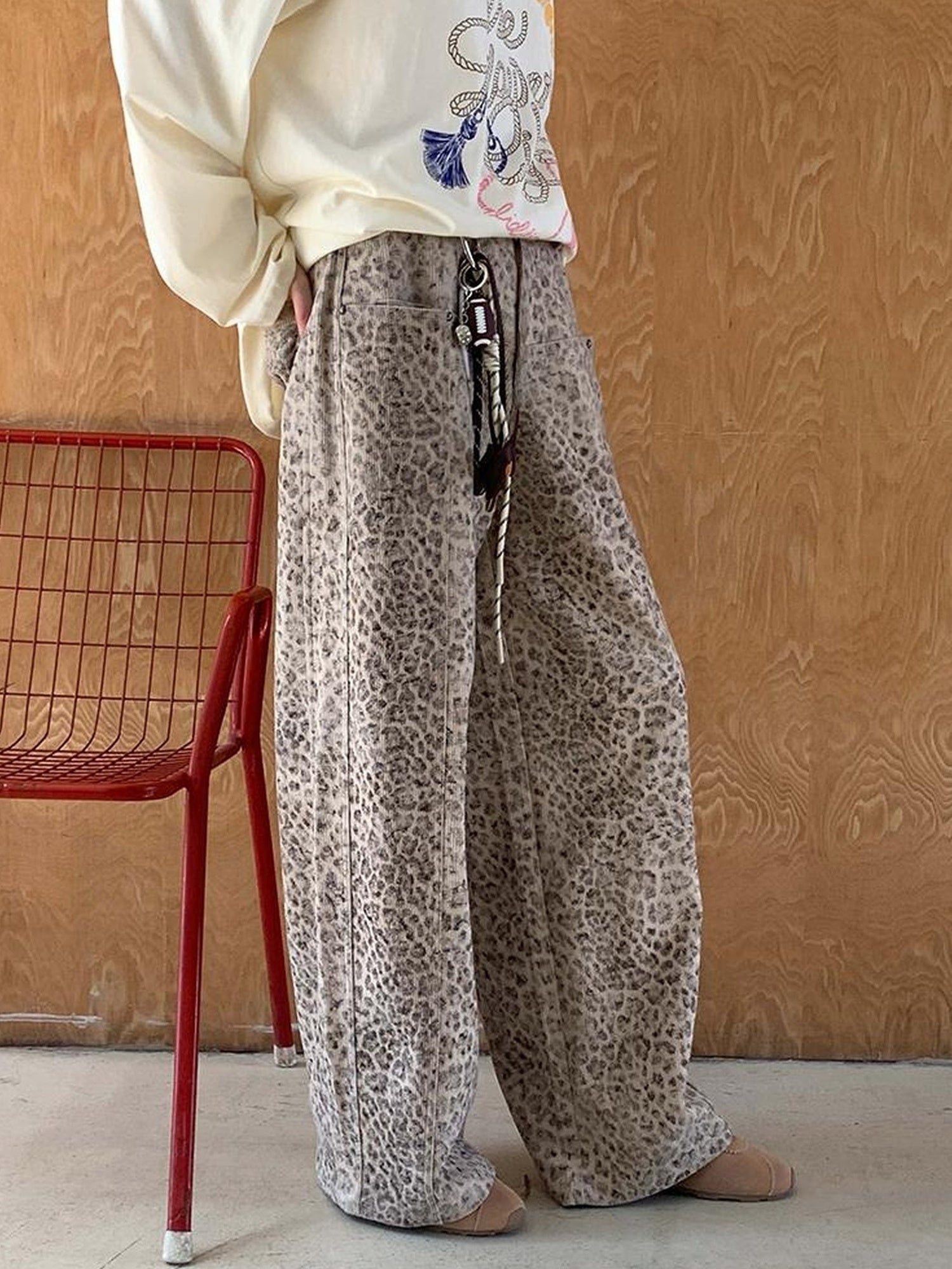 DIDDI MODA Retro Leopard Print Wide Leg Pants Bow Sweater Set