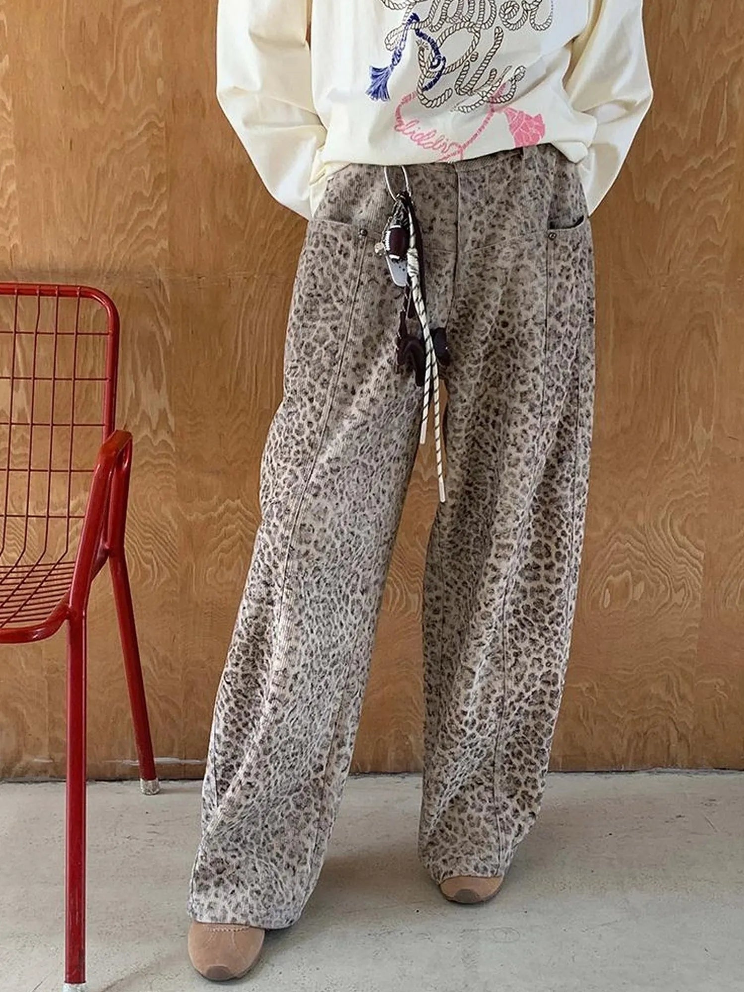Retro Leopard Print Wide Leg Pants Bow Sweater Set