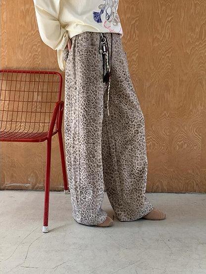DIDDI MODA Retro Leopard Print Wide Leg Pants Bow Sweater Set