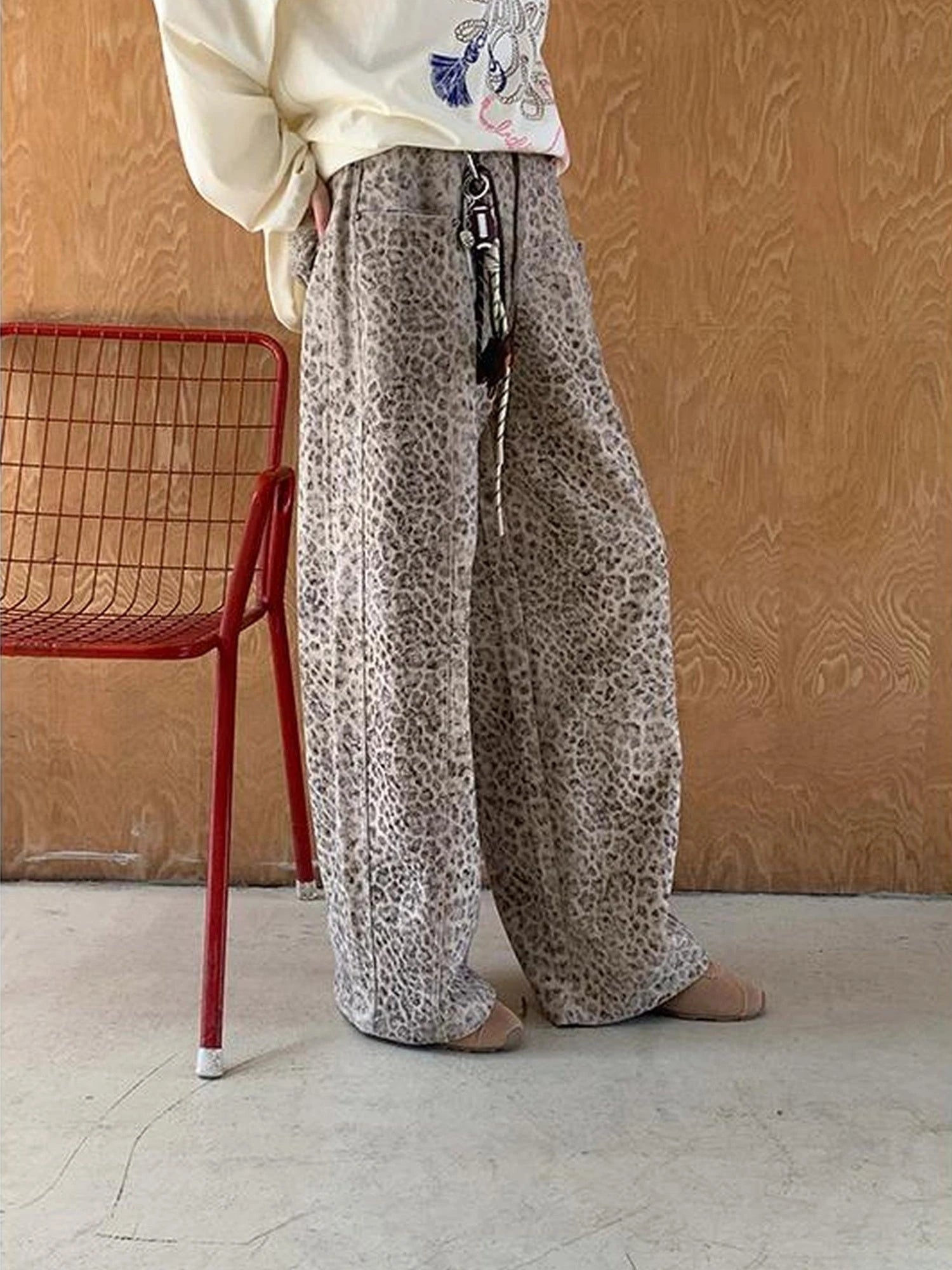 Retro Leopard Print Wide Leg Pants Bow Sweater Set