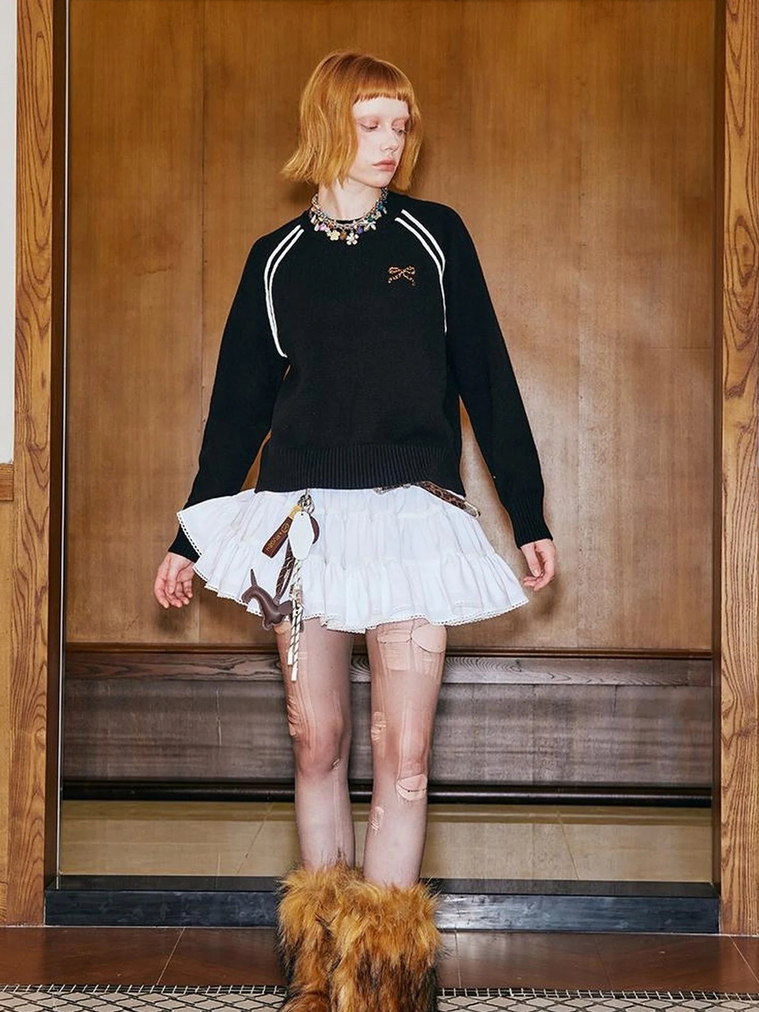 Retro Leopard Print Wide Leg Pants Bow Sweater Set