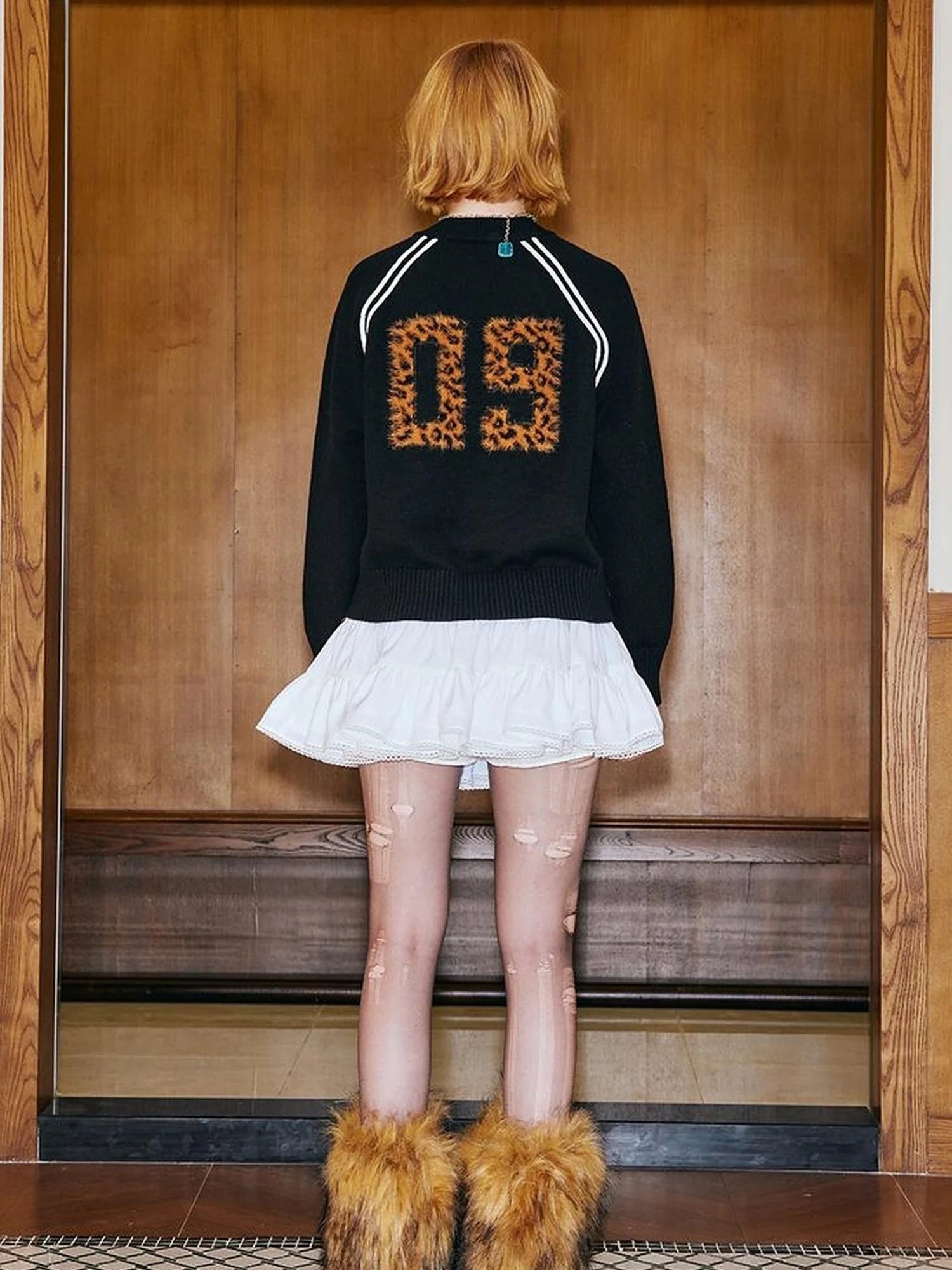 Retro Leopard Print Wide Leg Pants Bow Sweater Set