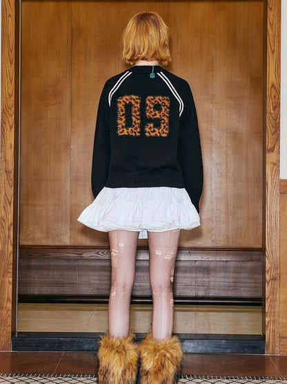 Retro Leopard Print Wide Leg Pants Bow Sweater Set