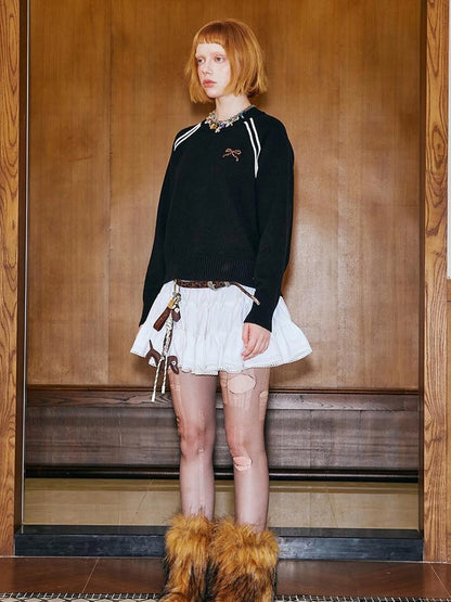 Retro Leopard Print Wide Leg Pants Bow Sweater Set