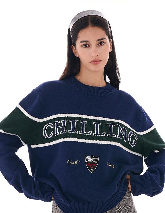 Retro Letter Embroidered Sweater with Patches