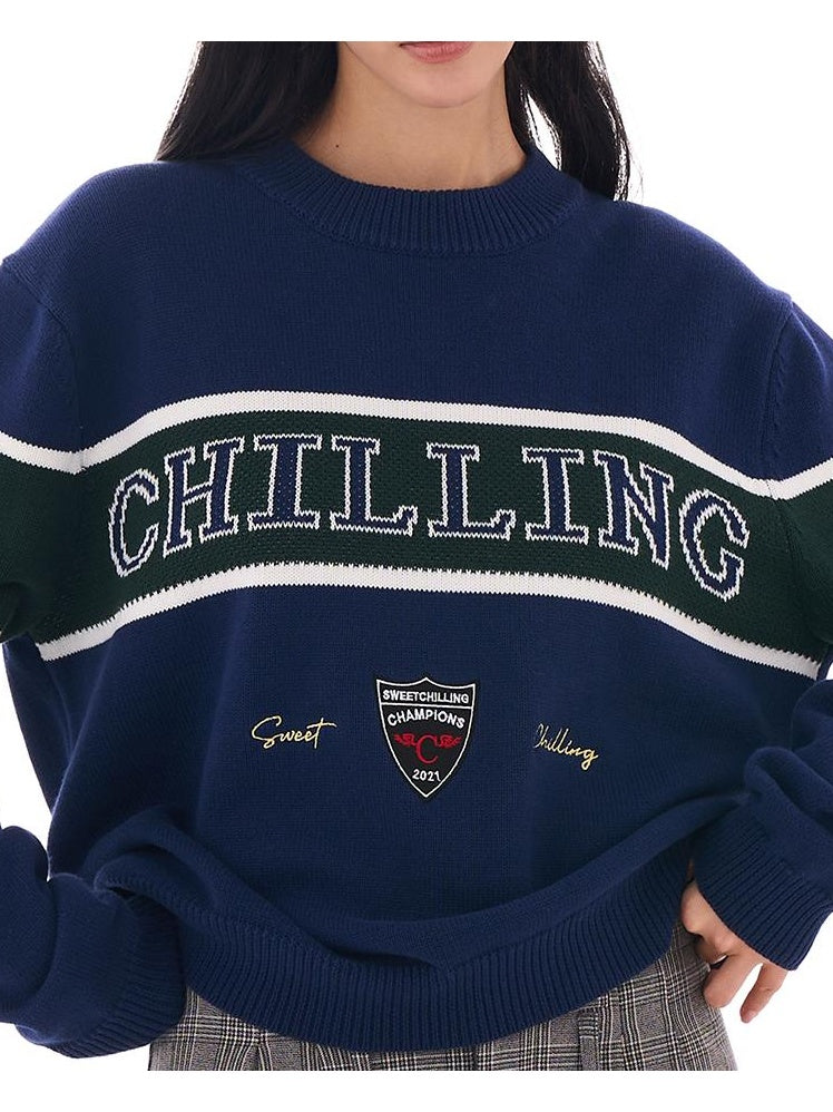 Retro Letter Embroidered Sweater with Patches