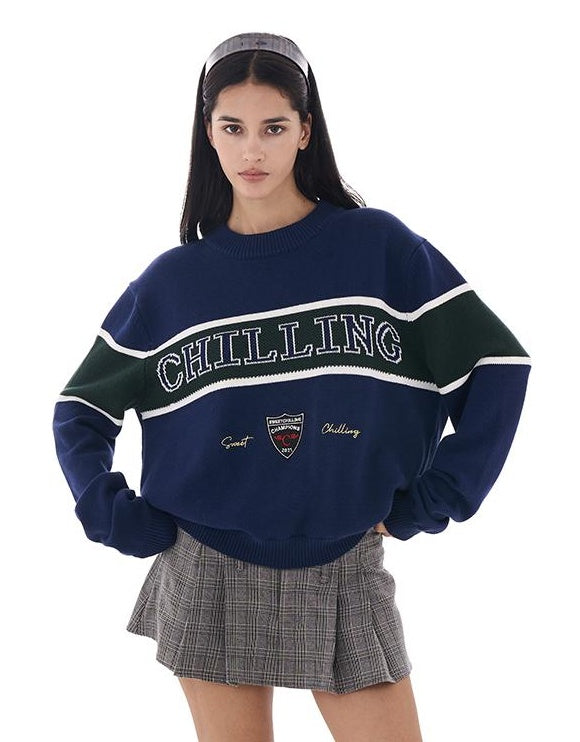 Retro Letter Embroidered Sweater with Patches