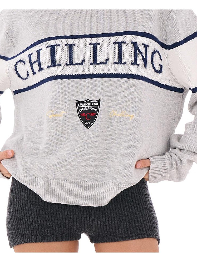 Retro Letter Embroidered Sweater with Patches