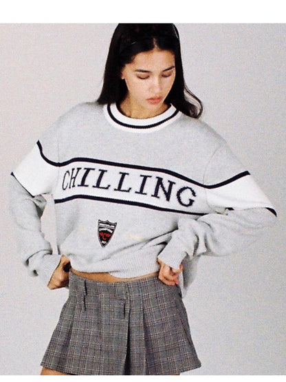 Retro Letter Embroidered Sweater with Patches