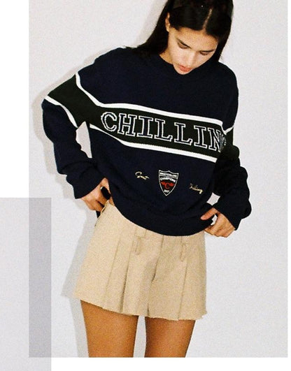 Retro Letter Embroidered Sweater with Patches