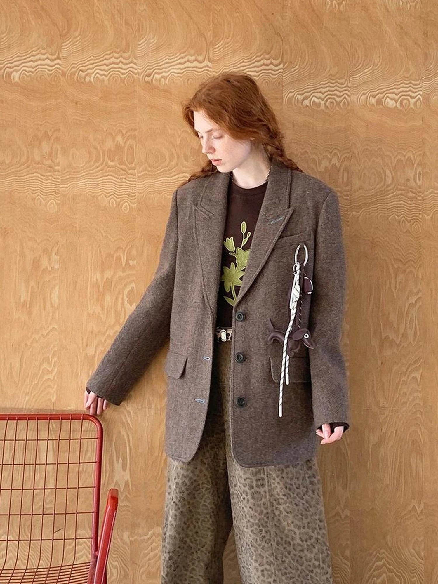 Retro Notch Lapel Contrast Buttonhole Wool Blend Blazer