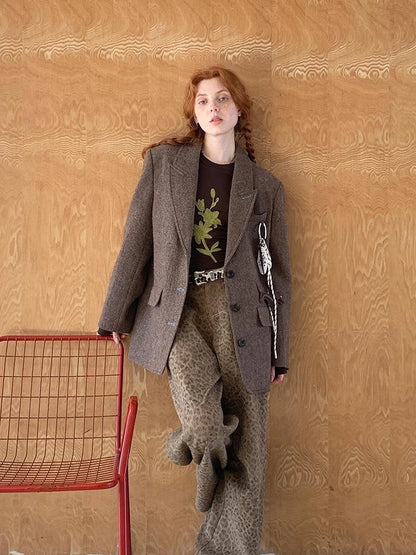 Retro Notch Lapel Contrast Buttonhole Wool Blend Blazer