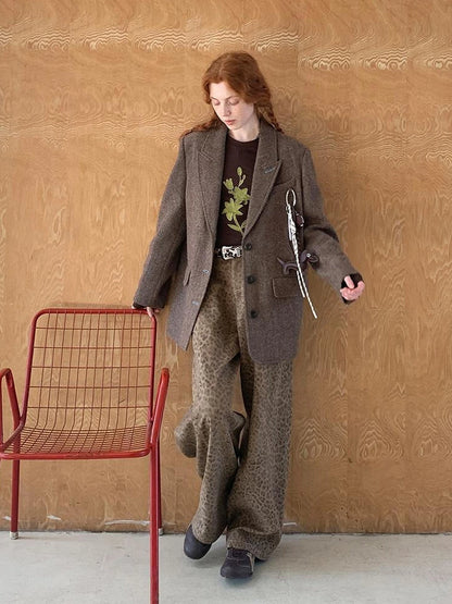 Retro Notch Lapel Contrast Buttonhole Wool Blend Blazer