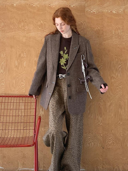 DIDDI MODA Retro Notch Lapel Contrast Buttonhole Wool Blend Blazer