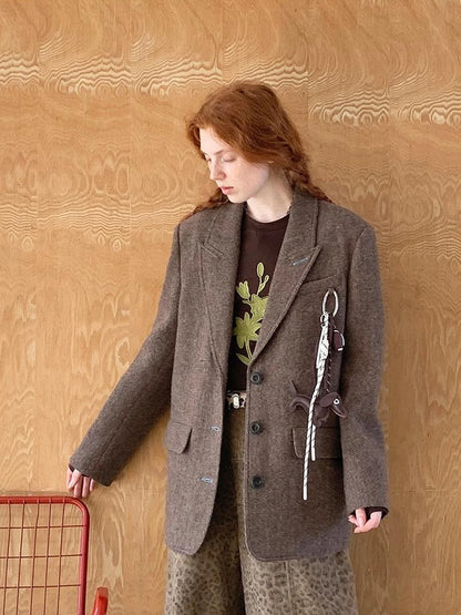 Retro Notch Lapel Contrast Buttonhole Wool Blend Blazer
